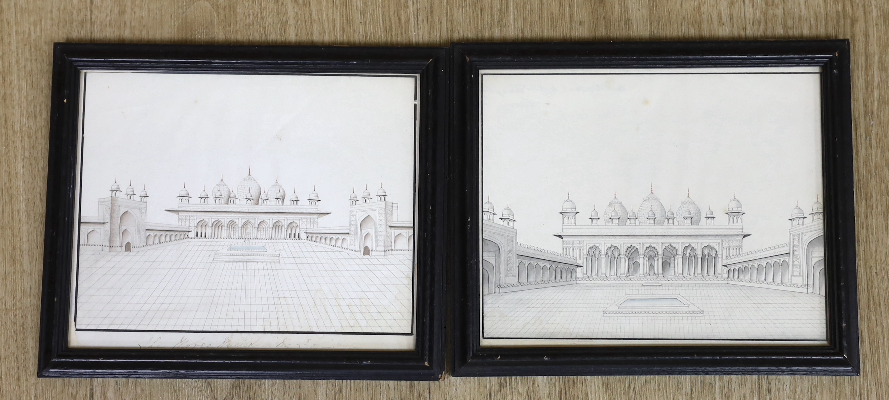 Indian Company School, pair of ink and washes on paper, ‘Agra Fort’, one inscribed in ink to the margin, 15 x 18cm